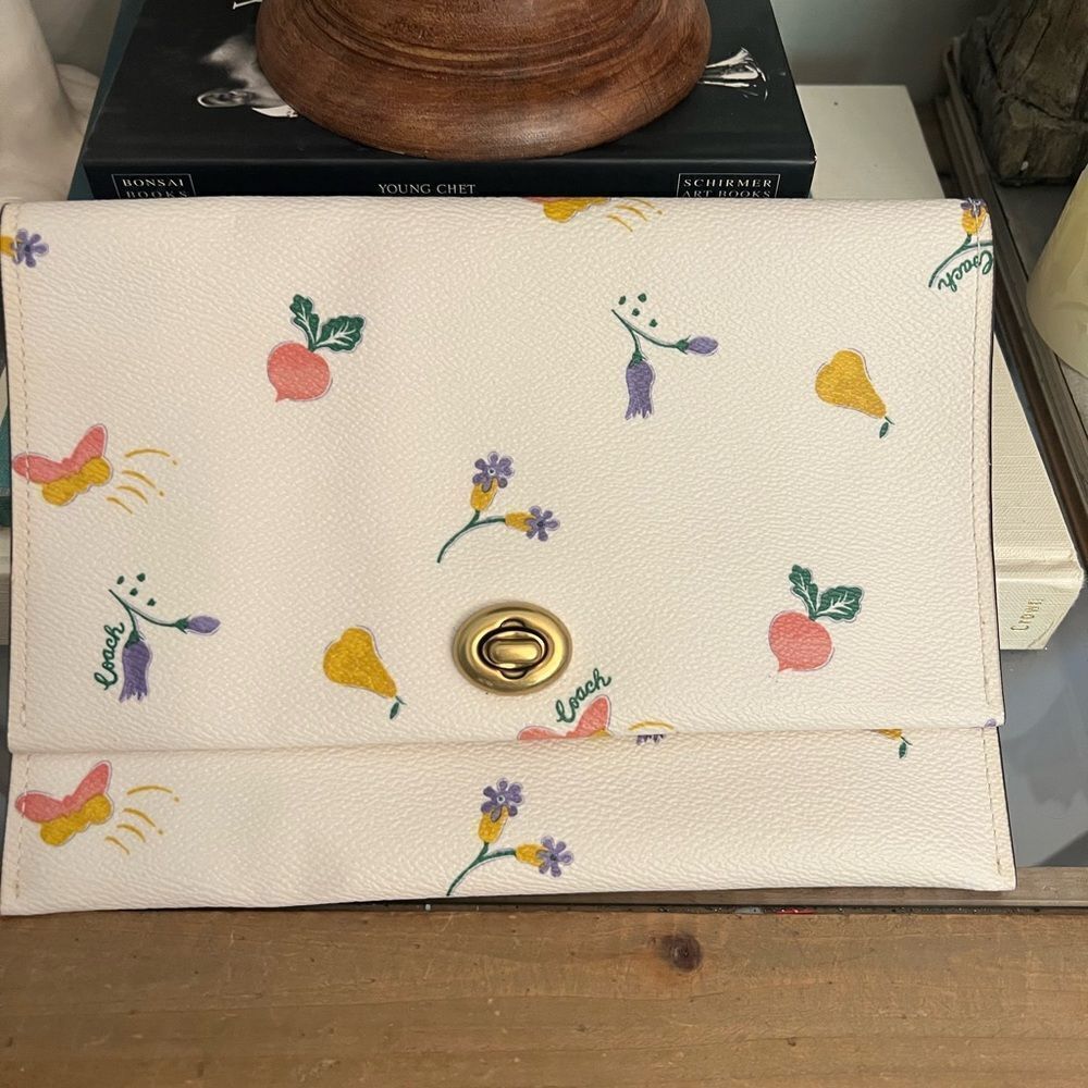 Coach NWOT small dreamy butterfly, floral, fruit and veg envelope clutch bag.